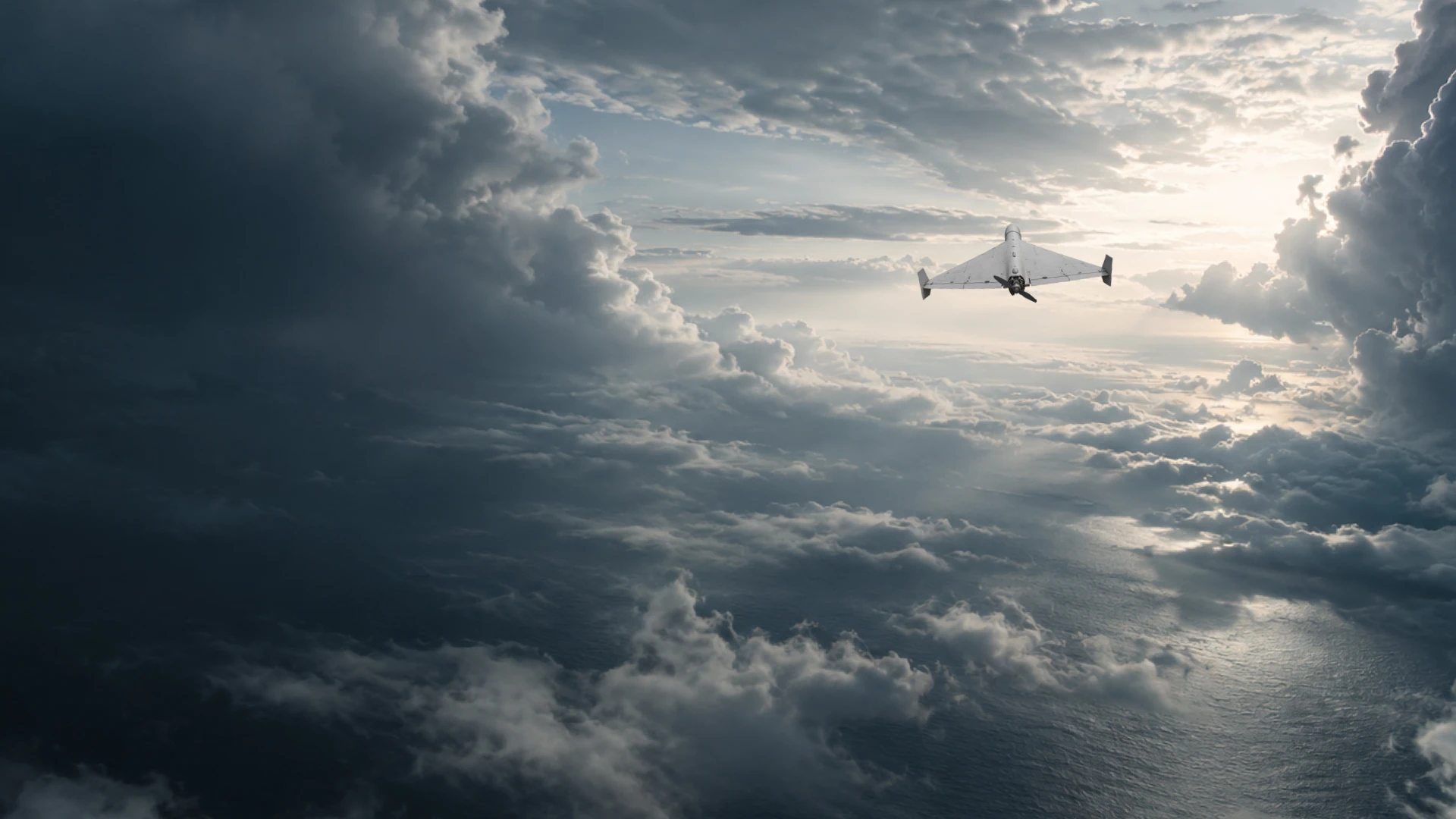 A Shahed-136 / Geran-2 silhouette seen from a fictional interceptor camera in a cloud corridor